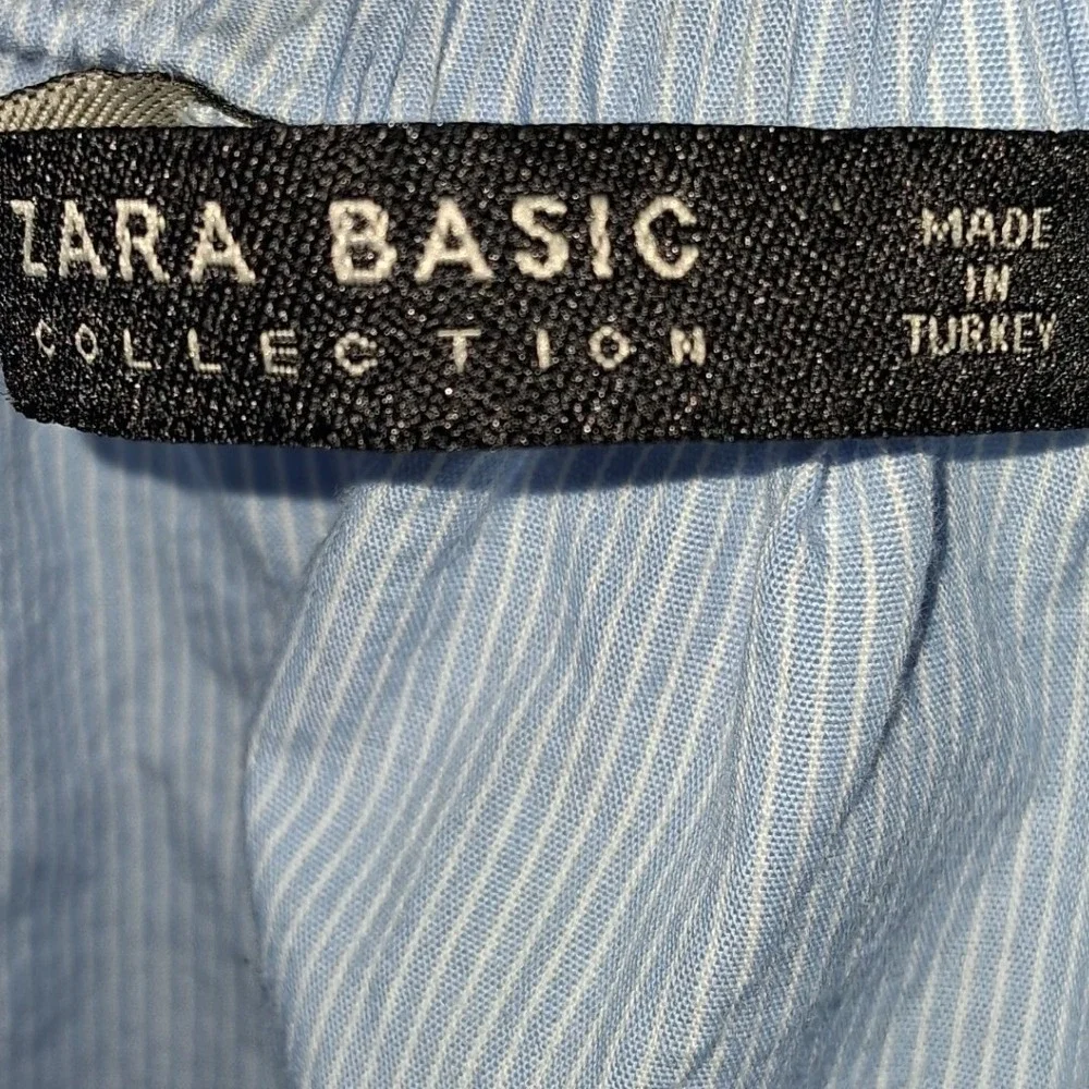 Zara Basic Blue Pinstripe Off Shoulder Embroidered Puff Sleeve Blouse Small